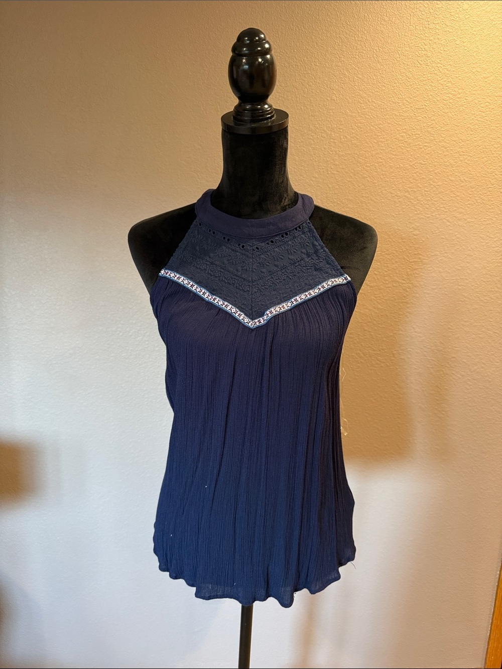 Staccato Navy Halter Lace Yoke Tank Top with Beaded Trim